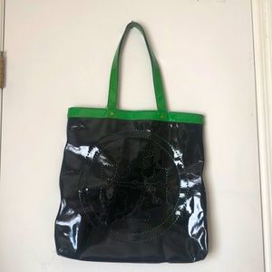 Tory Burch patent leather large tote black and green